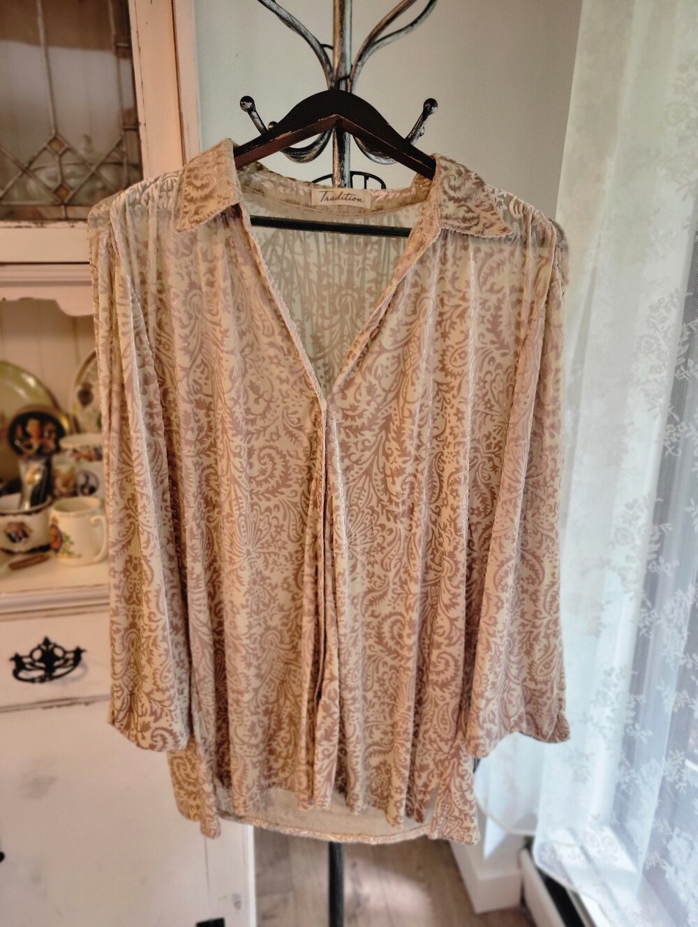 Whimsigoth Velvet Cream Gold Button Blouse With 3/4 Sleeves